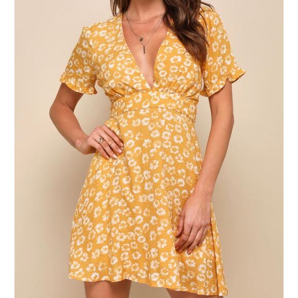 Lulus Dresses & Skirts - LULUS Women’s Garden Explorer Mustard Yellow Floral Print Mini Dress Size XXS